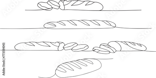 One continuous line drawing of french baguette bread. Baking loaf logo for bakery shop with plant wheat in simple linear style. Outline editable stroke. Doodle vector illustration
