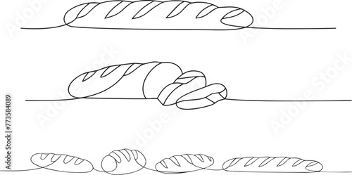 One continuous line drawing of french baguette bread. Baking loaf logo for bakery shop with plant wheat in simple linear style. Outline editable stroke. Doodle vector illustration