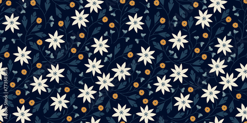Vector seamless vintage floral pattern. Spring botanical print. Abstract branches with leaves, and berries. Dark blue background. Scandy pattern for textile and fashion design.