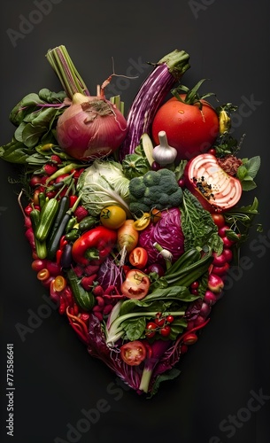 human heart collected and made from healthy green and red vegetables, healthy eating concept, heart attack, prevention of cardiac diseases