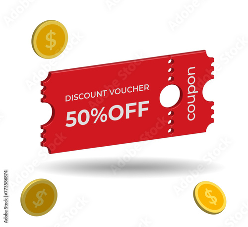 3D vector red color coupon, voucher, gift, promotion set. Trendy ticket 3d illustration. Ticket on the cinema or shop sale.