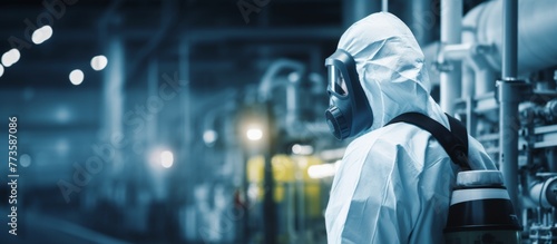 An employee wearing a protective suit and gas mask is working at a factory, ensuring safety in a hazardous environment photo