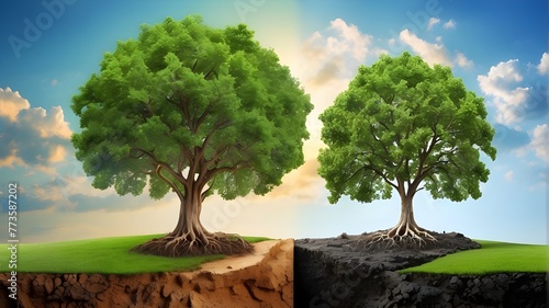 two trees with radically different settings Global Warming and Pollution on Earth Day, also known as World Environment Day photo