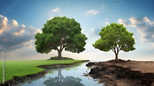 two trees with radically different settings Global Warming and Pollution on Earth Day, also known as World Environment Day