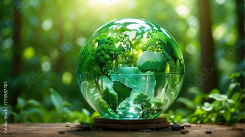 Globe Glass featuring water-saving symbols In the sunlight-filled green forest. day for the environment and day for water.the idea of environmental protection through clean  renewable energy and safeg