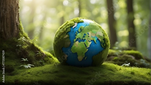 artistic collage of aquatic environment, ecosystem, and biodiversity in the form of a spherical, Earth Day Concept Globe With Moss in Forest Environment, Glass globe, earth day, global environment,  © Qazi Sanawer