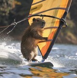 Crazy capybara doing windsurf
