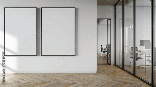Obraz na płótnie mockup of two blank posters on a wall in an office with glass doors, wooden floors, white walls, and ceiling lights. w salonie