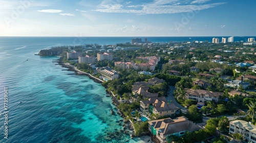 From Paradise Island, an aerial perspective showcases Harborside Villas along Nassau Harbour, with Nassau's cityscape in the distance, in the Bahamas © Orxan
