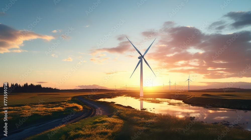 An image of wind turbine in the field at sunset.