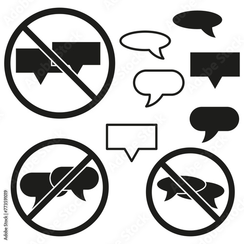 No speech bubbles set. Forbidden chat symbols. Muted conversation icons. Communication restriction signs. Vector illustration. EPS 10.