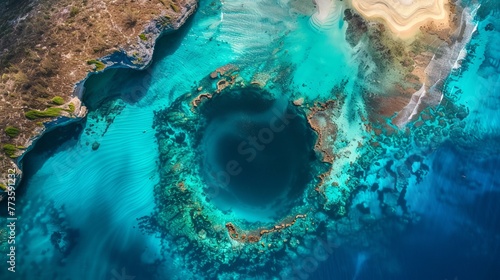 The panoramic aerial view reveals Dean's Blue Hole, linked to a lagoon and a stunning beach with turquoise waters, located on Long Island, Bahamas
