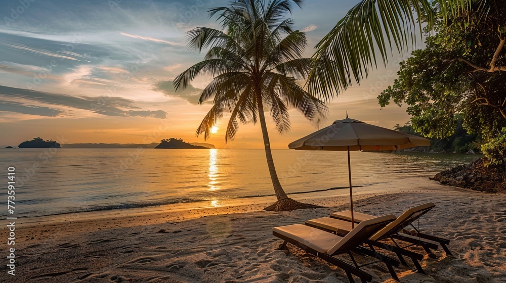 The scene of a tropical sunset includes two sunbeds and an umbrella under a palm tree, conjuring an image of serenity and relaxation at a beach resort