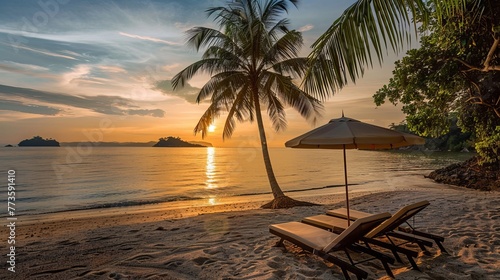 The scene of a tropical sunset includes two sunbeds and an umbrella under a palm tree, conjuring an image of serenity and relaxation at a beach resort © Orxan