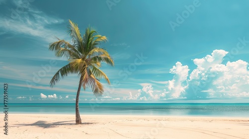 The serene scene of beach sand and a blue summer sky unfolds  inviting panoramic views of a tranquil tropical landscape