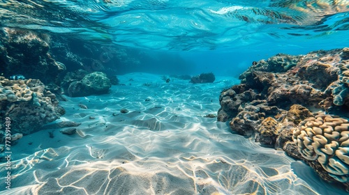 The tropical blue ocean of Hawaii is showcased with white sand and underwater stones, creating a serene ocean background photo