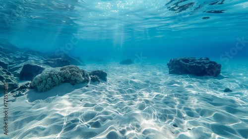 The tropical blue ocean of Hawaii is showcased with white sand and underwater stones, creating a serene ocean background