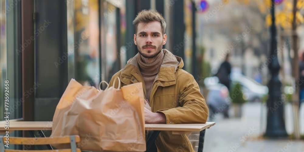 An older man with a slightly wide nose sitting at a table with a paper bag in front of him An older man with a slightly wide nose sitting at a table with a paper bag in front of him