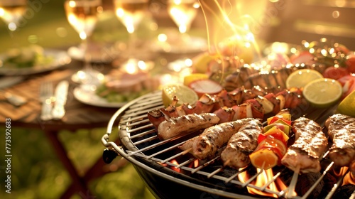 Close up view of a grill filled with a variety of tasty food items cooking over hot coals