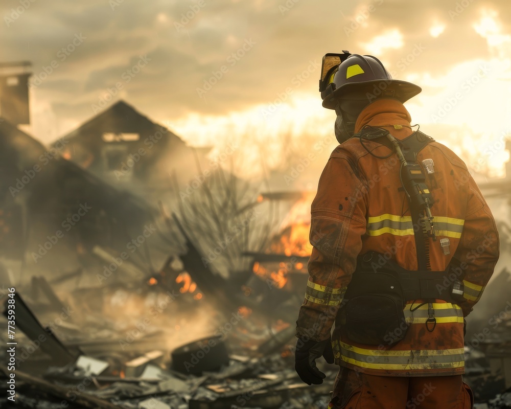 A firefighter inspecting fire damage A firefighter inspecting fire damage