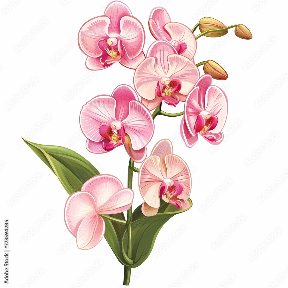Beautiful Pink Orchid Illustration with Detailed Petals and Leaves