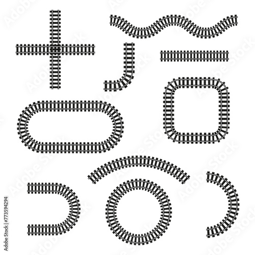 Railroad Tracks Variety Set. Train track silhouettes, transportation paths. Vector illustration. EPS 10.