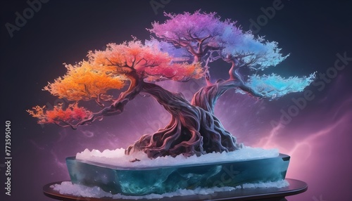 An ice bonsai in a parallel universe, adorned with brilliant incandescent colors, with lightning bolts around it. photo
