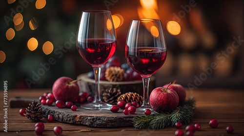 Cozy Winter Evening with Red Wine by the Fireplace