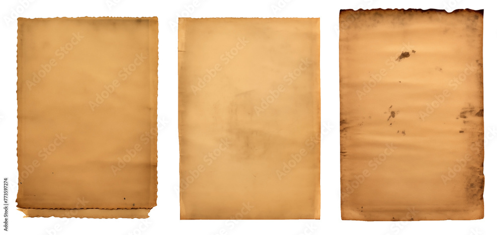 closeup Set of old vintage medival papers PNG isolated on a white and transparent background - antique old sheet rustic war document