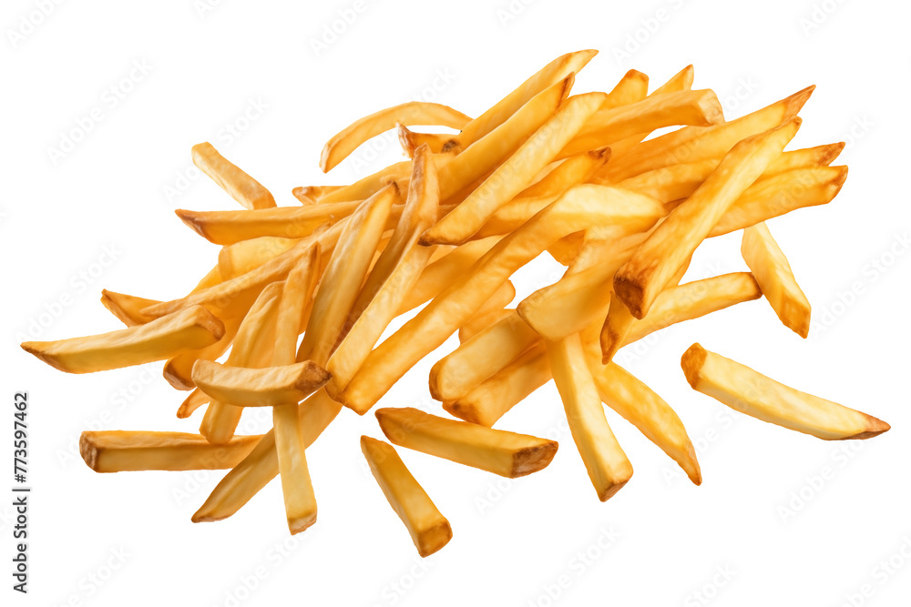 Salty Flying French fries PNG or crispy floating potato fries PNG isolated on a white and transparent background - high calories fast food Banner advertising concept Salty Flying French fries PNG or crispy floating potato fries PNG isolated on a white and transparent background - high calories fast food Banner advertising concept