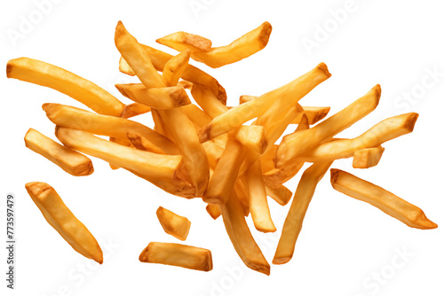 Salty Flying French fries PNG or crispy floating potato fries PNG isolated on a white and transparent background - high calories fast food Banner advertising concept