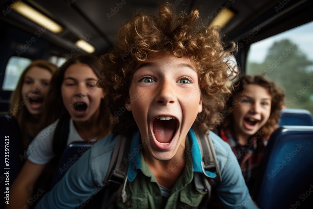 Joyful ride: fun students on a school bus, sharing laughter and creating memories on their journey to school, embodying the spirit of friendship and adventure during their commute together Joyful ride: fun students on a school bus, sharing laughter and creating memories on their journey to school, embodying the spirit of friendship and adventure during their commute together