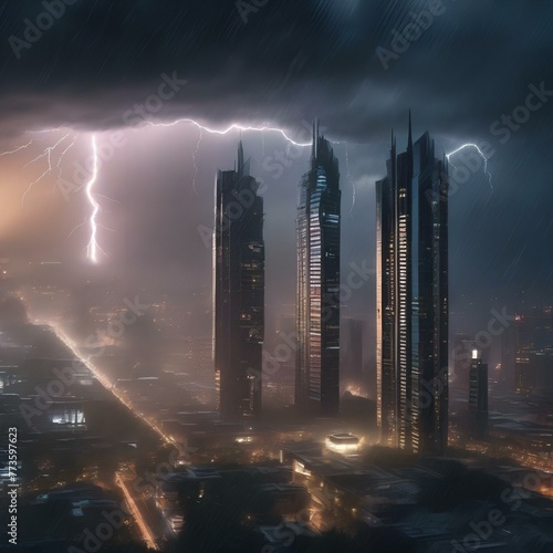 A futuristic cityscape engulfed in a torrential rainstorm, with lightning illuminating the sky2 photo