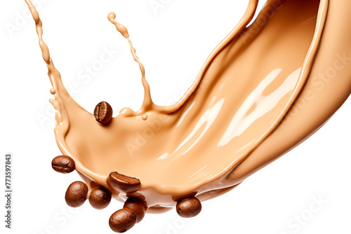 flying Brown Milk coffee PNG coffee liquid swirl splash with coffee beans isolated on white and transparent background - coffee shop drinks advertising concept - coffee shop banner