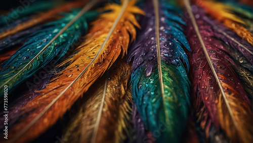 colorful feathers leave on the wall live wallpaper 3d abstraction. Abstract seamless pattern peacock feather background. Multicolored feathers above on an interior wall hanging mural painting. AI gene