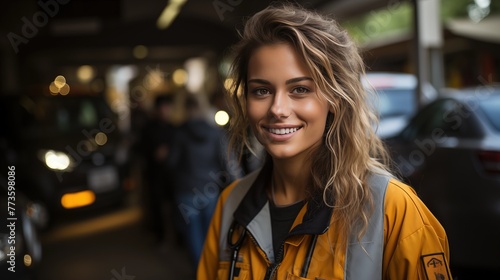 Smiling Young Woman in Yellow Jacket on Urban Street