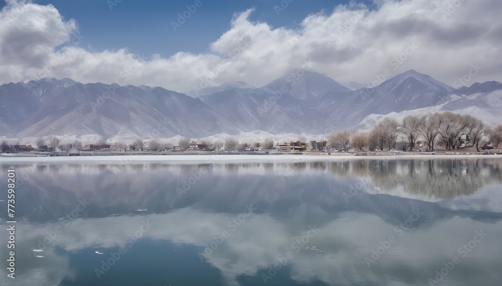 In the winter, there is heavy snow on both sides of West Lake in China's Gansu Province with snowy mountains and a cloudy sky in the distance. The lake water reflects white clouds like mirror reflecti