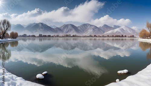 In the winter, there is heavy snow on both sides of West Lake in China's Gansu Province with snowy mountains and a cloudy sky in the distance. The lake water reflects white clouds like mirror reflecti photo