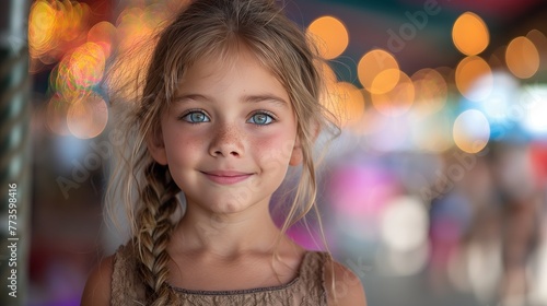 Portrait of a Smiling Young Girl with Twinkling Bokeh Lights