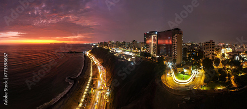 Capital of Peru: Lima coastline skyline by night showing miraflores neighbourhood