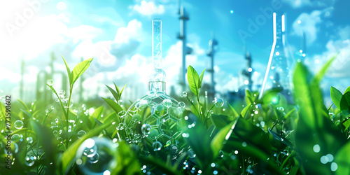 Chemical industrial plant surrounded by green trees and blue sky on a summer day, Environmental Concept.