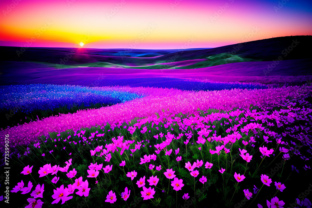 Obraz premium A field of unknown unearthly flowers at sunset. Purple, blue tones Landscape renderings