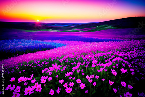 A field of unknown unearthly flowers at sunset. Purple  blue tones Landscape renderings