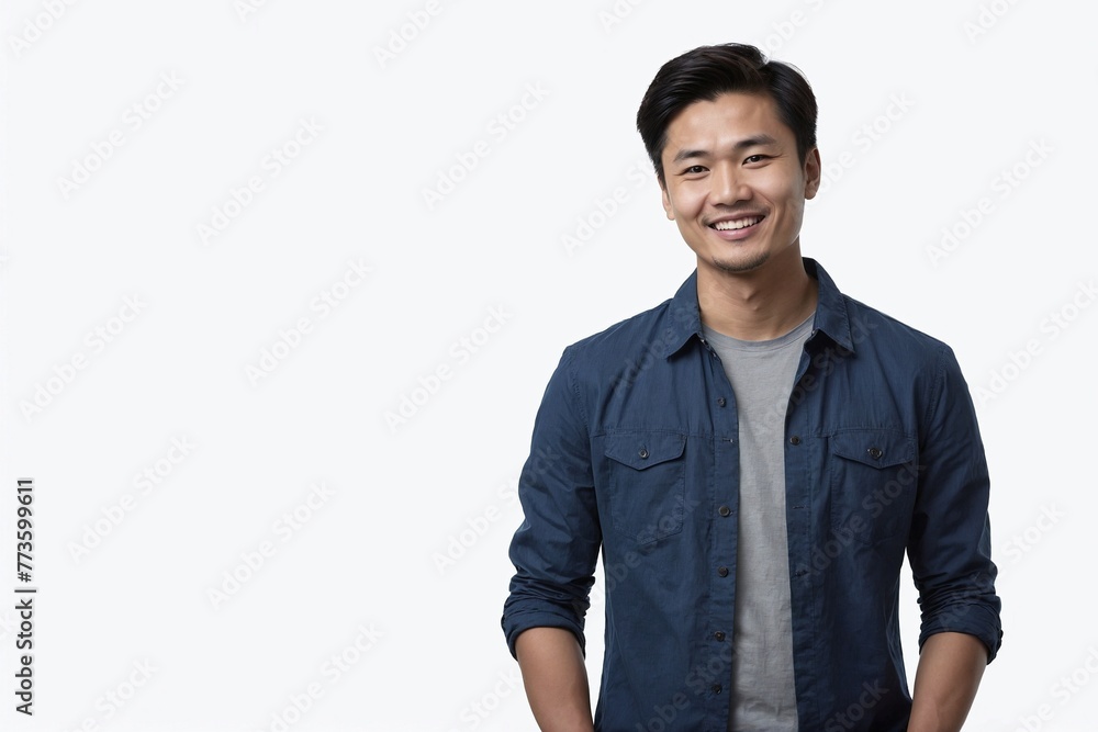 Asian male person with smile on face and hands in pockets next to empty space on white background. Young handsome man next to a place for advertising text in studio. Asian male person with smile on face and hands in pockets next to empty space on white background. Young handsome man next to a place for advertising text in studio.