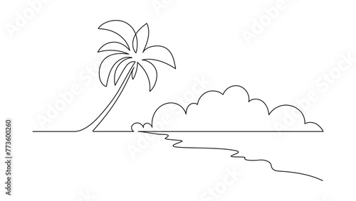 One continuous line drawing of beach with palm tree. Abstract tropical landscape with sea and clouds in simple linear style. Travel vacation in editable stroke. Doodle summer vector illustration