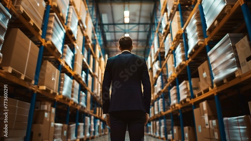 Confident Businessman Overseeing Warehouse Operations in Suit