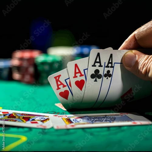 Hand Holding Poker Card at Casino Table