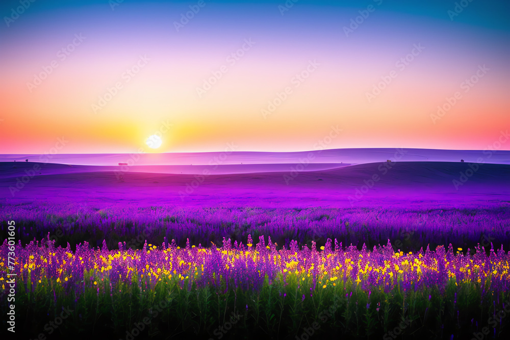 Obraz premium A field of unknown unearthly flowers at sunset. Purple, blue tones Landscape renderings