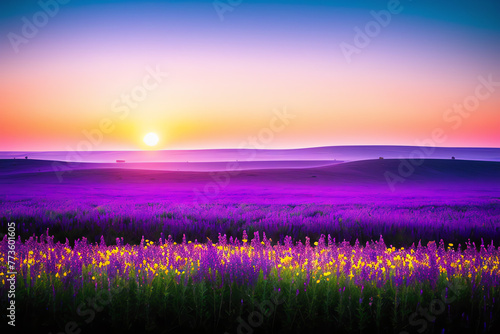 A field of unknown unearthly flowers at sunset. Purple, blue tones Landscape renderings