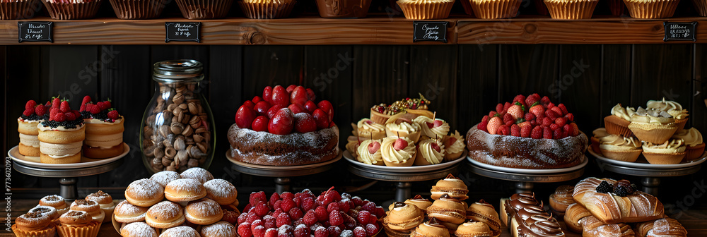 Bakery and Pastry Shop Display with Fresh Desser,
A table full of cakes with different flavors on them